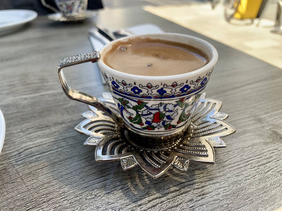 Turkish coffee served in a traditional Iznik-patterned cup